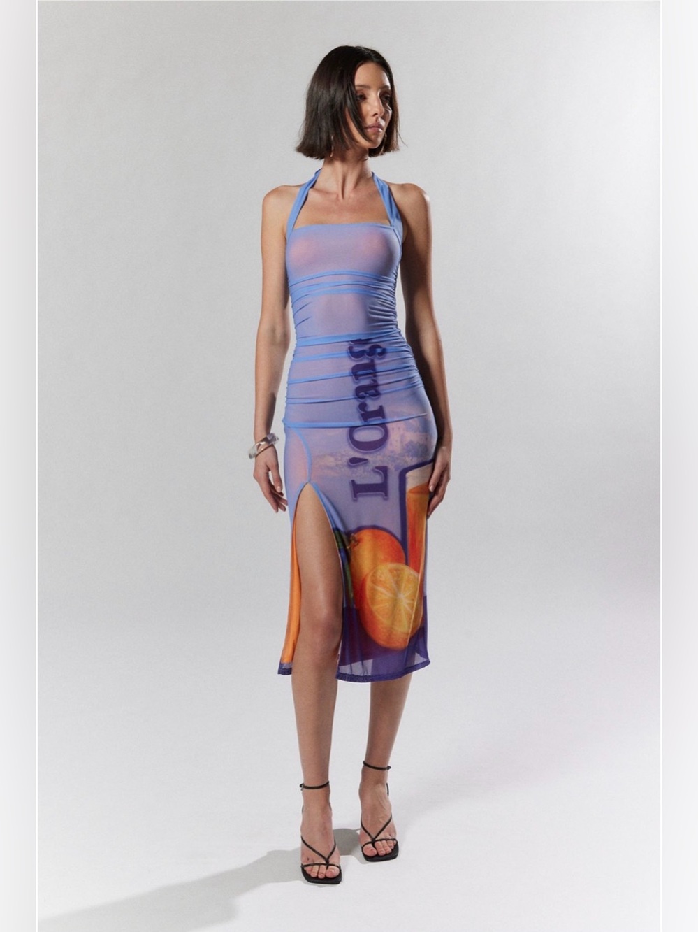Sheer Halter Midi Dress with Orange Print - Blue Small - Silence + Noise